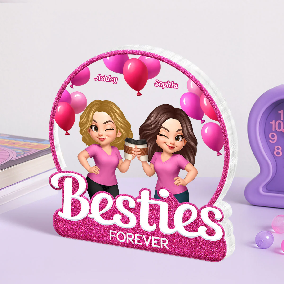 Besties Sisters Partners In Crime Pink Balloons Personalized Acrylic Block - Image 4
