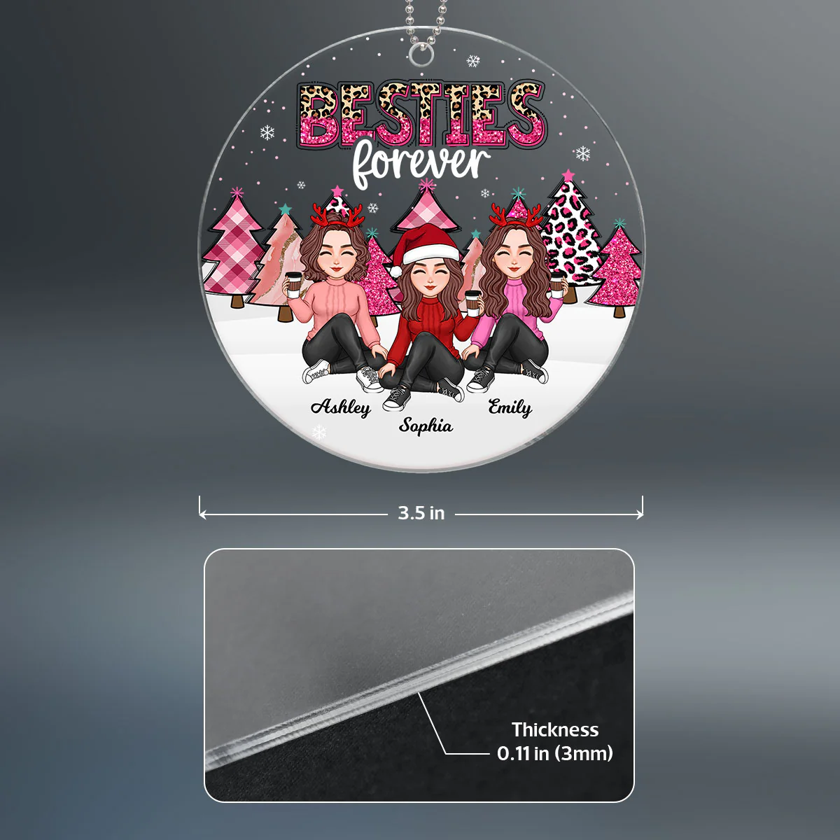 Besties Sisters Pink Leopard Buffalo Plaid Christmas Trees Personalized Acrylic Ornament - Image 3