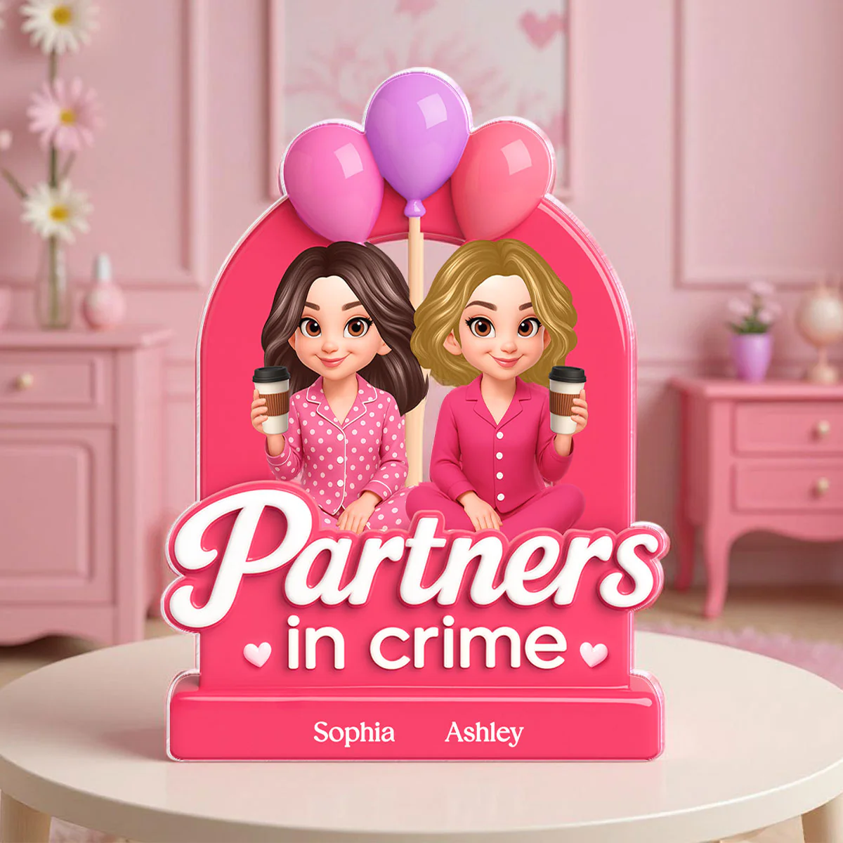 Besties Sisters Pink Party 3D Effect Personalized Acrylic Block - Image 3