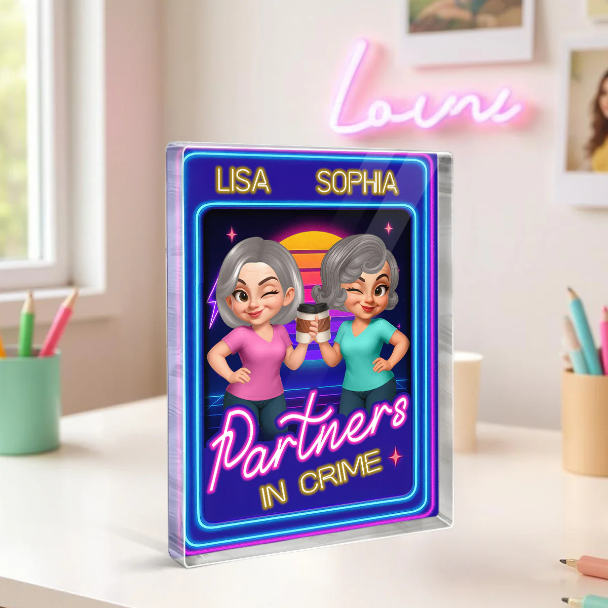 Besties Sisters Retro Rewind Neon Toy Box 3D Effect Personalized Acrylic Block - Image 9