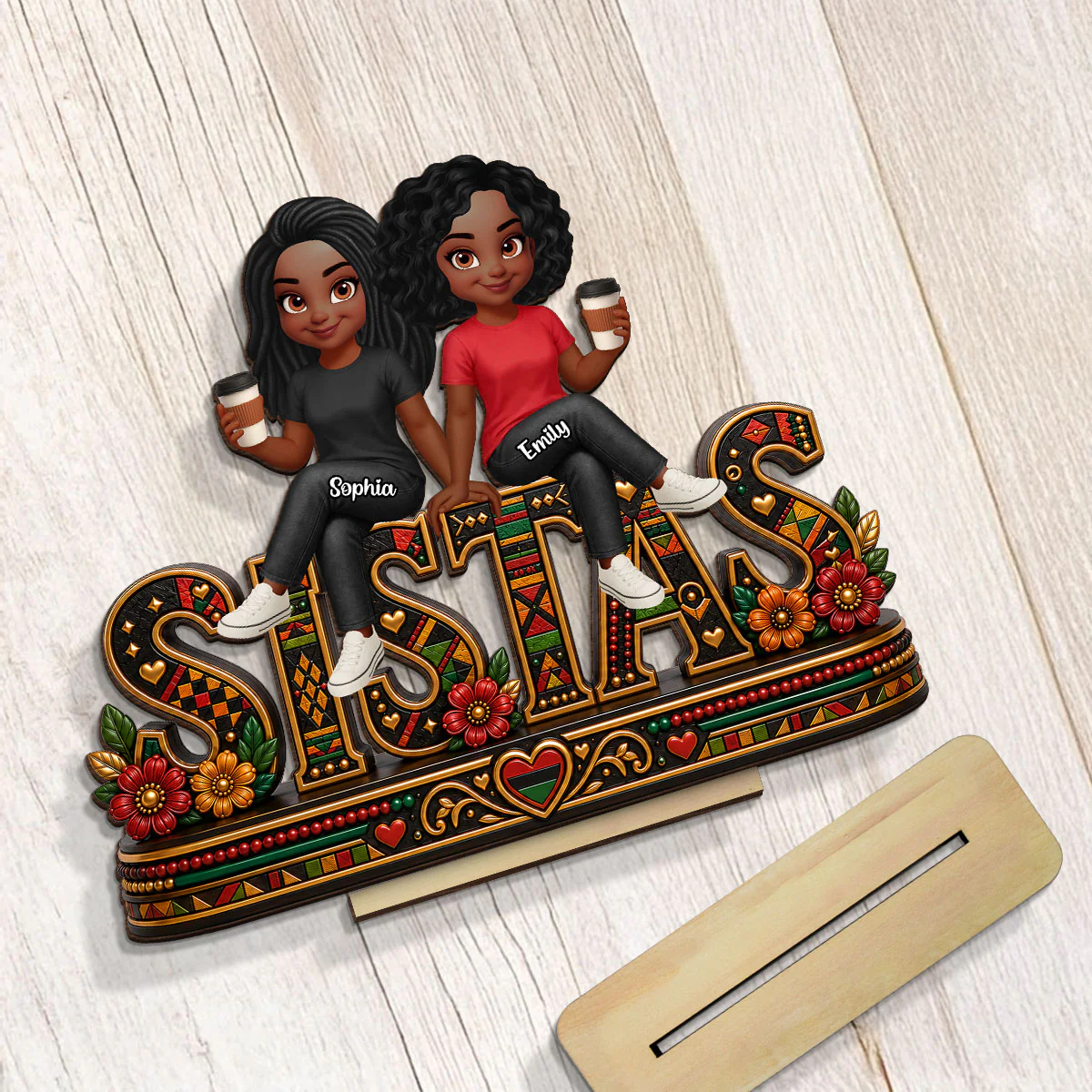Tribal Patterned Besties Sisters Sistas Forever - Personalized 2-Layered Wooden Plaque - Birthday Gift, International Day of Friendship Gift For Best Friends - Image 5