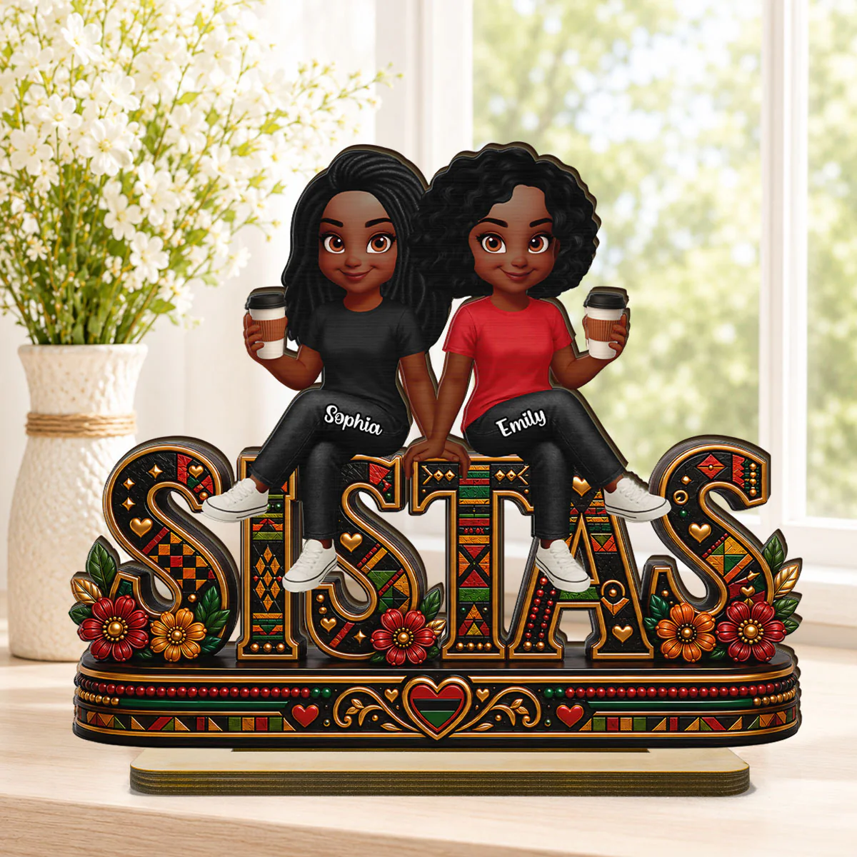 Tribal Patterned Besties Sisters Sistas Forever - Personalized 2-Layered Wooden Plaque - Birthday Gift, International Day of Friendship Gift For Best Friends - Image 6