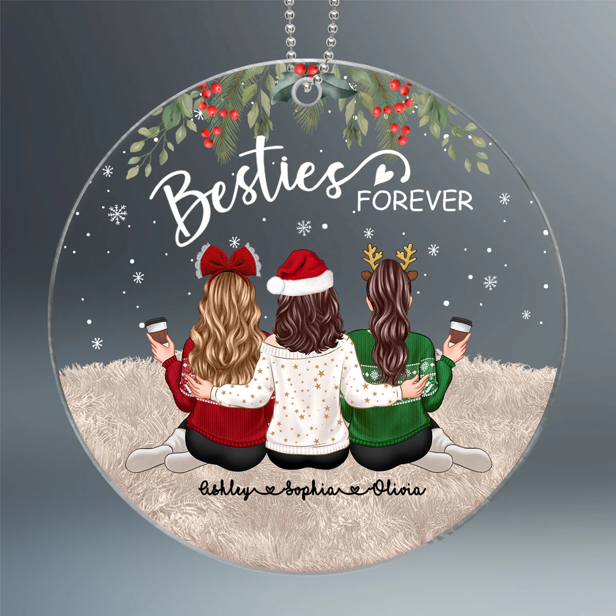 Besties Sisters Sitting Back View Holly Personalized Acrylic Ornament - Image 2