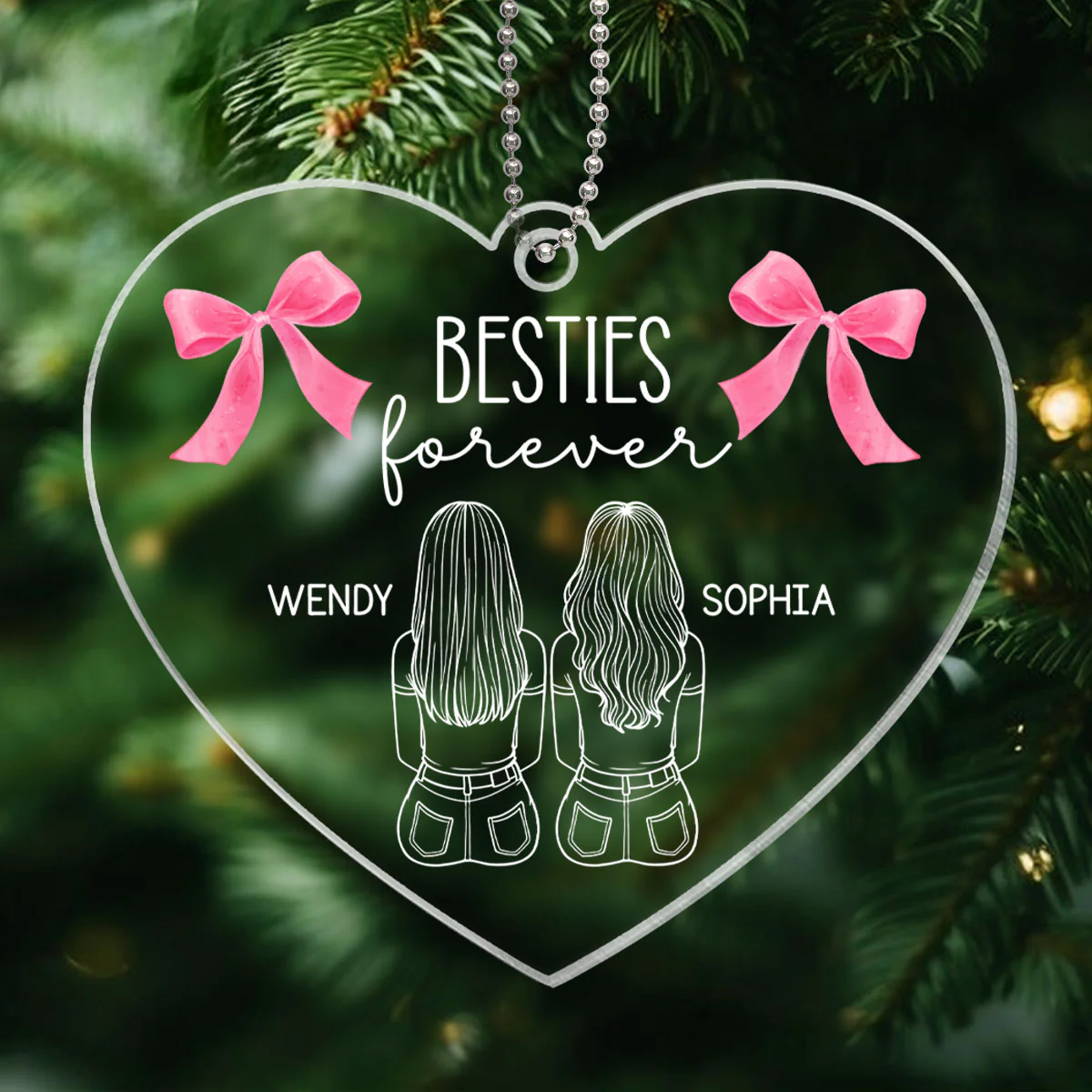Besties Sisters Sitting Back View Outline Christmas Coquette Personalized Acrylic Ornament - Image 2