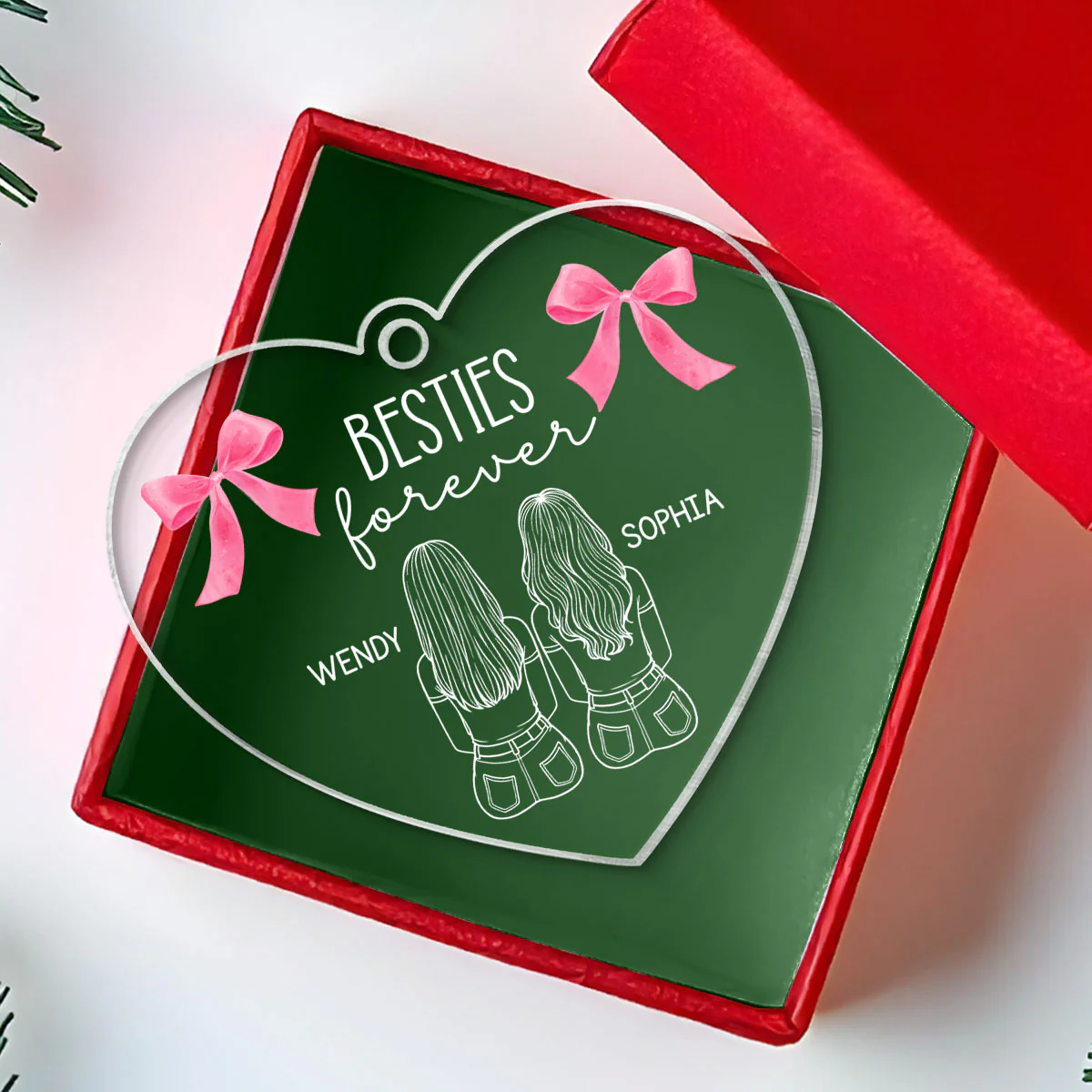 Besties Sisters Sitting Back View Outline Christmas Coquette Personalized Acrylic Ornament - Image 6