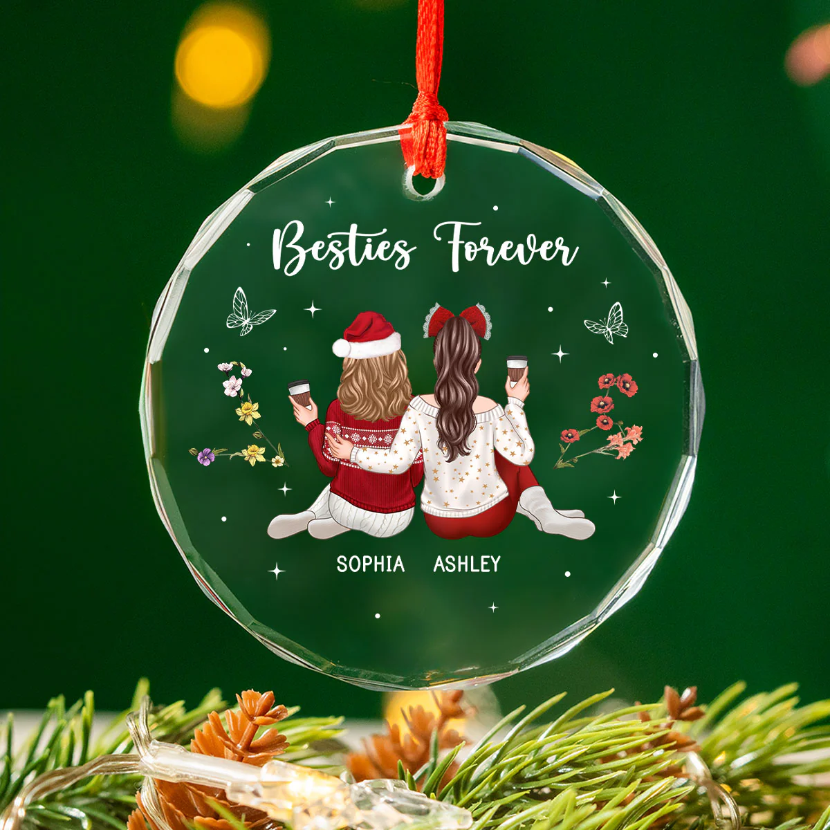 Besties Sisters Sitting Back View Zodiac Sign Birth Month Flowers Personalized Glass Ornament - Image 3