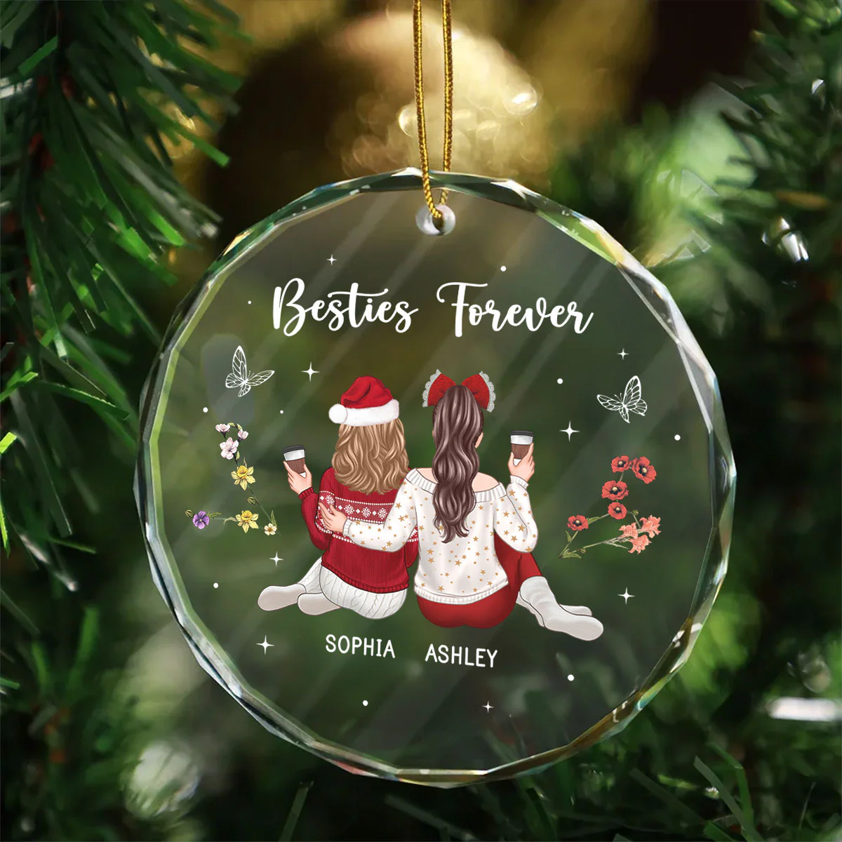 Besties Sisters Sitting Back View Zodiac Sign Birth Month Flowers Personalized Glass Ornament - Image 4
