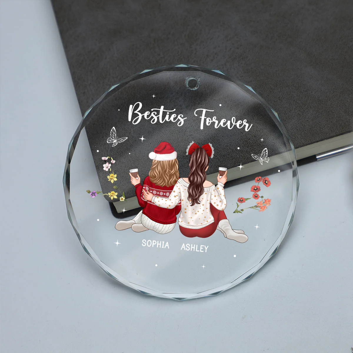 Besties Sisters Sitting Back View Zodiac Sign Birth Month Flowers Personalized Glass Ornament - Image 5