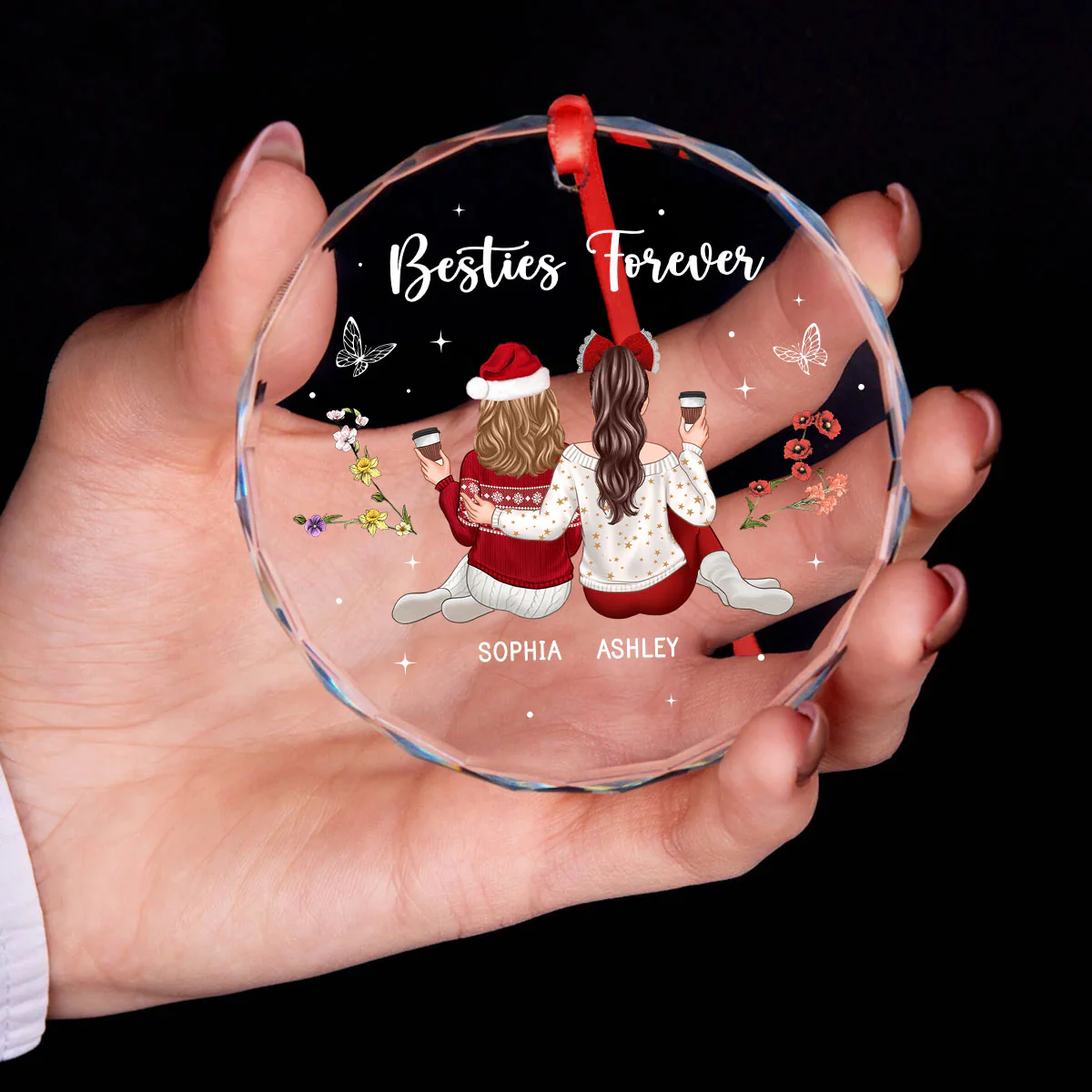 Besties Sisters Sitting Back View Zodiac Sign Birth Month Flowers Personalized Glass Ornament - Image 7