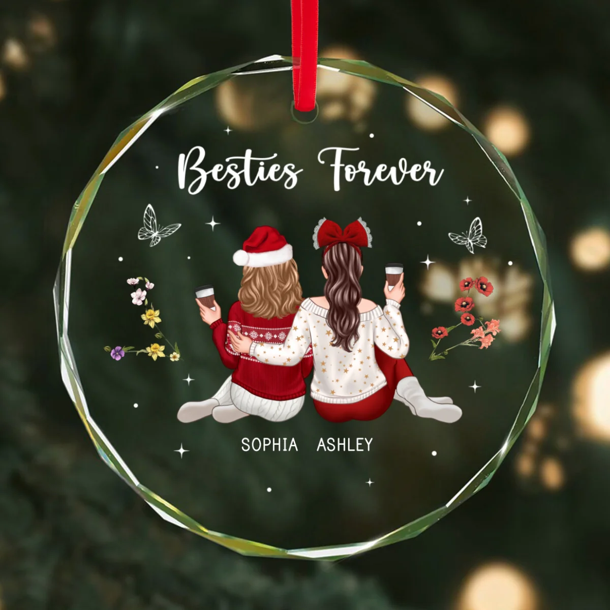 Besties Sisters Sitting Back View Zodiac Sign Birth Month Flowers Personalized Glass Ornament - Image 9