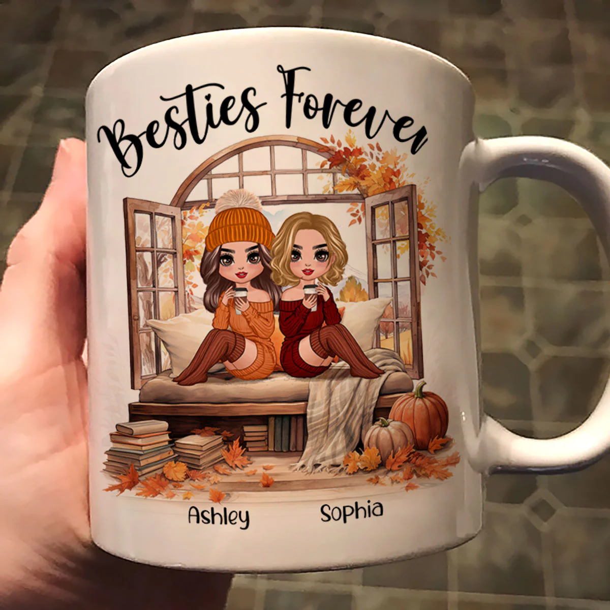 Besties Sisters Sitting Fall Season Window Personalized Mug - Image 3
