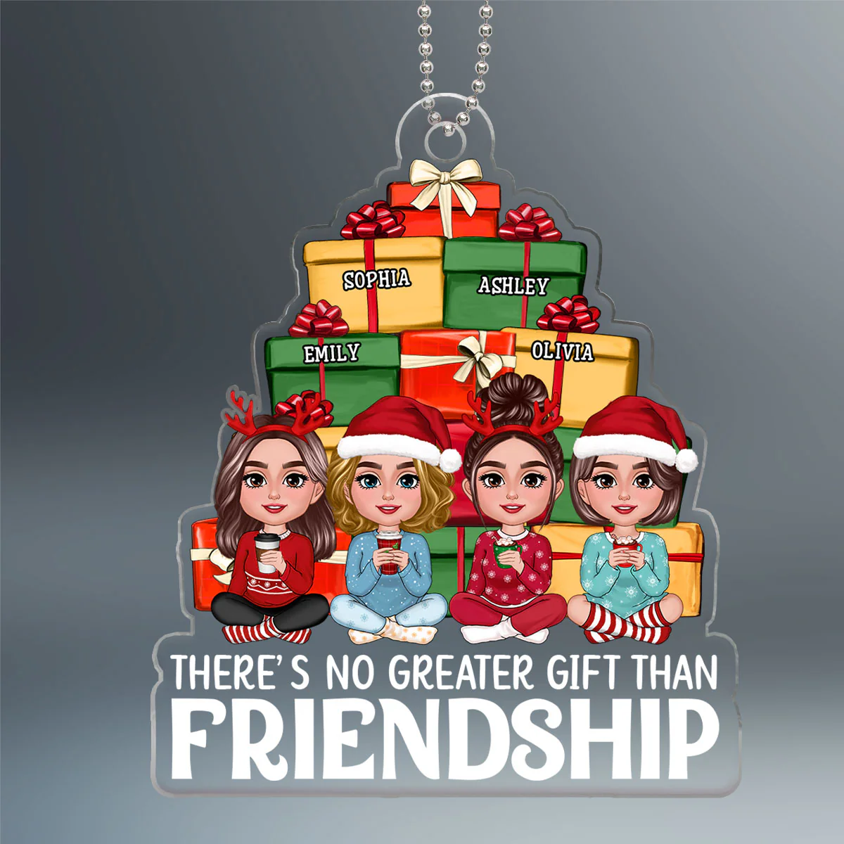 Besties Sisters Sitting Front Christmas Gift Pile Personalized Acrylic Ornament - Image 2