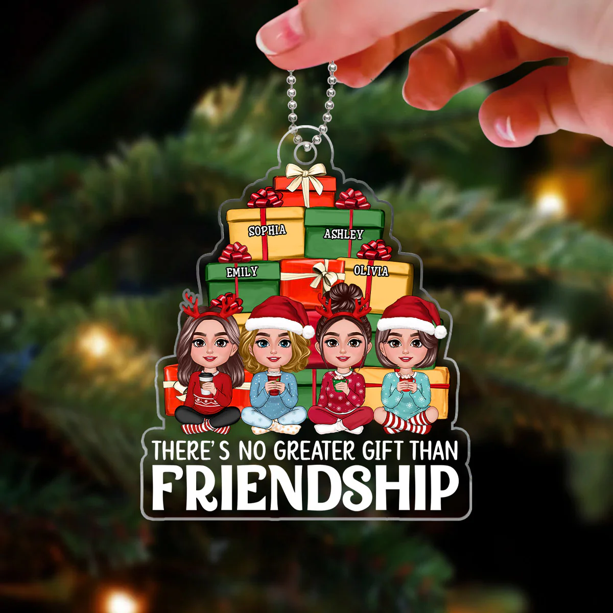 Besties Sisters Sitting Front Christmas Gift Pile Personalized Acrylic Ornament - Image 3