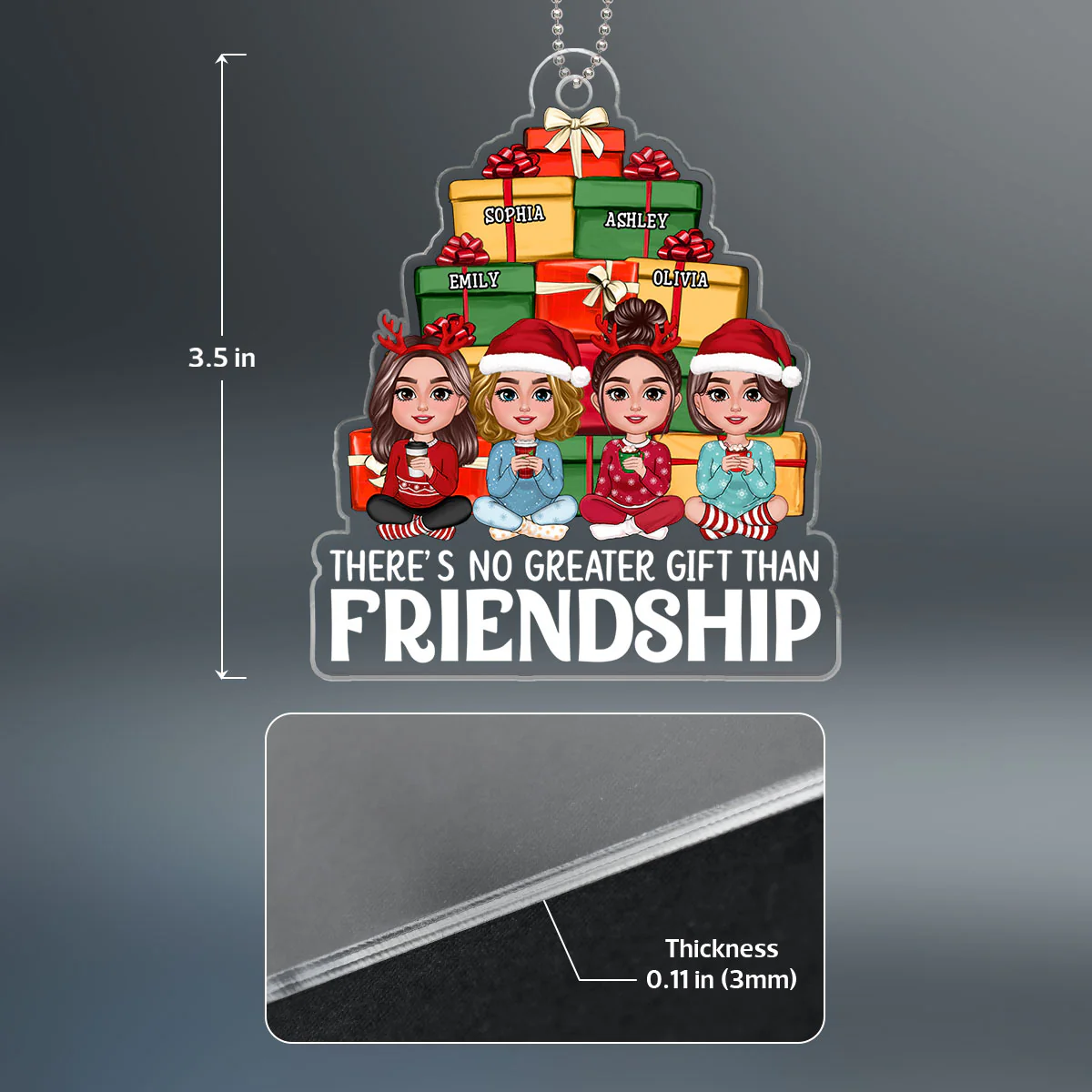 Besties Sisters Sitting Front Christmas Gift Pile Personalized Acrylic Ornament - Image 4
