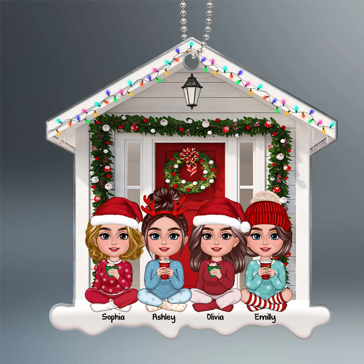 Besties Sisters Sitting Front Door House Shaped Personalized Acrylic Ornament - Image 2