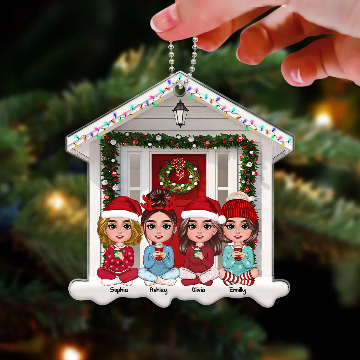 Besties Sisters Sitting Front Door House Shaped Personalized Acrylic Ornament - Image 3