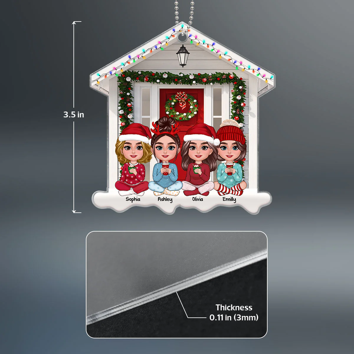 Besties Sisters Sitting Front Door House Shaped Personalized Acrylic Ornament - Image 4