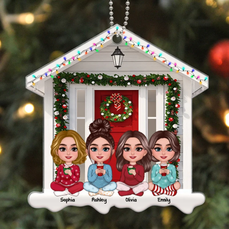 Besties Sisters Sitting Front Door House Shaped Personalized Acrylic Ornament - Image 5