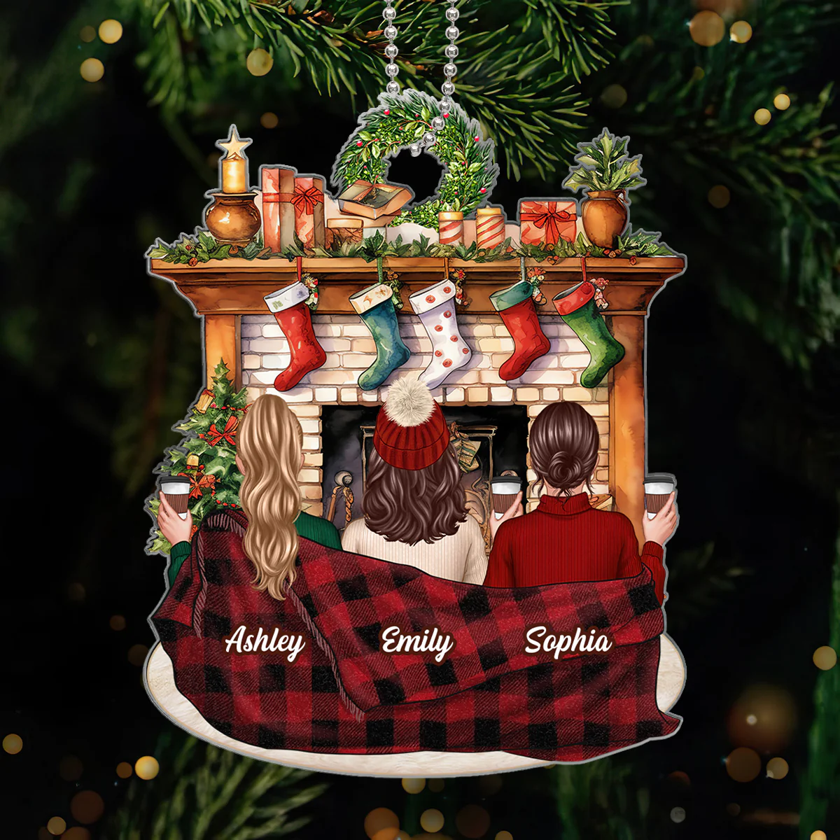 Besties Sisters Sitting Front Fireplace Personalized Acrylic Ornament