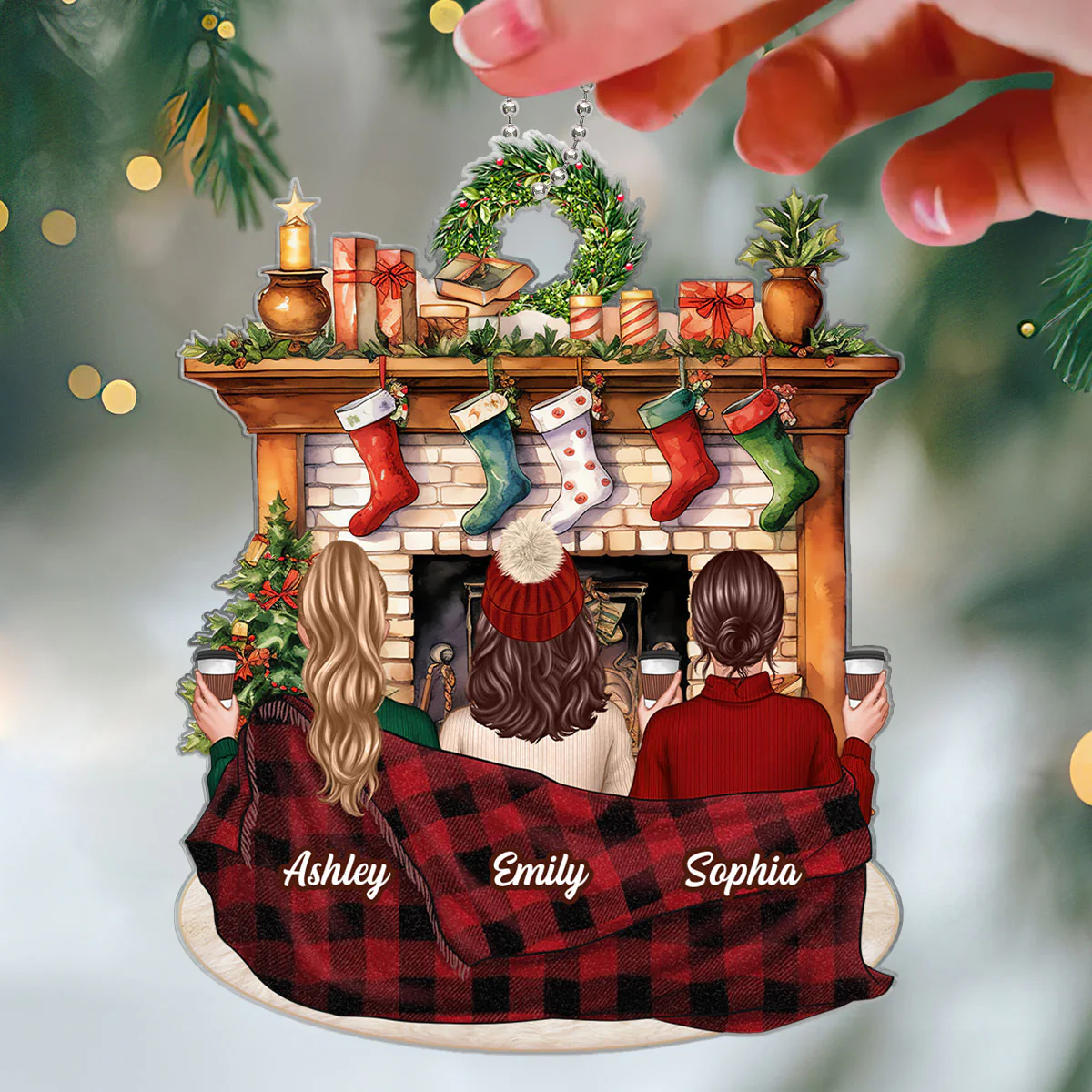Besties Sisters Sitting Front Fireplace Personalized Acrylic Ornament - Image 3