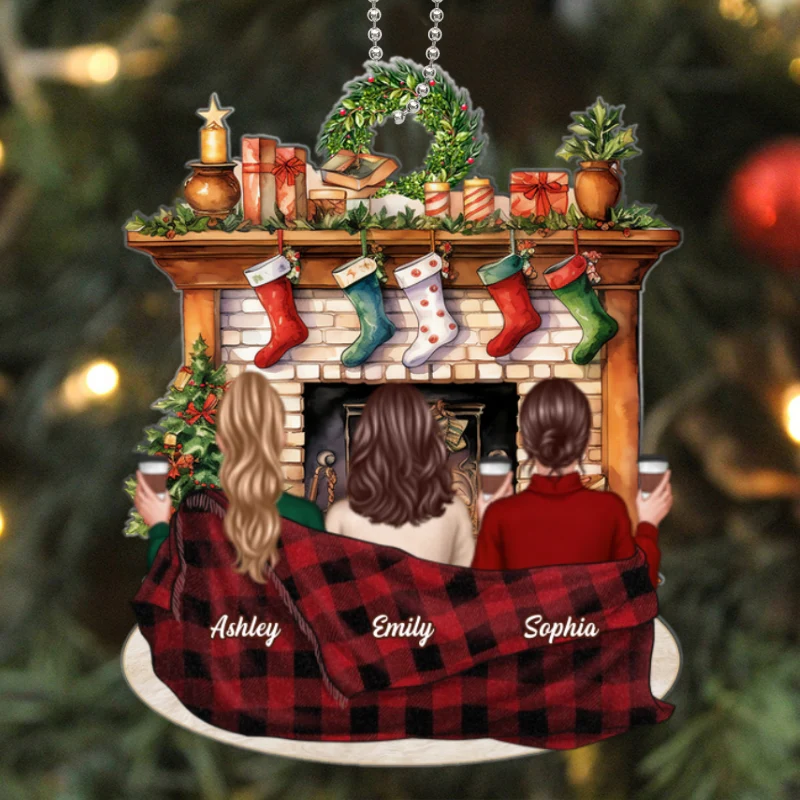 Besties Sisters Sitting Front Fireplace Personalized Acrylic Ornament - Image 5