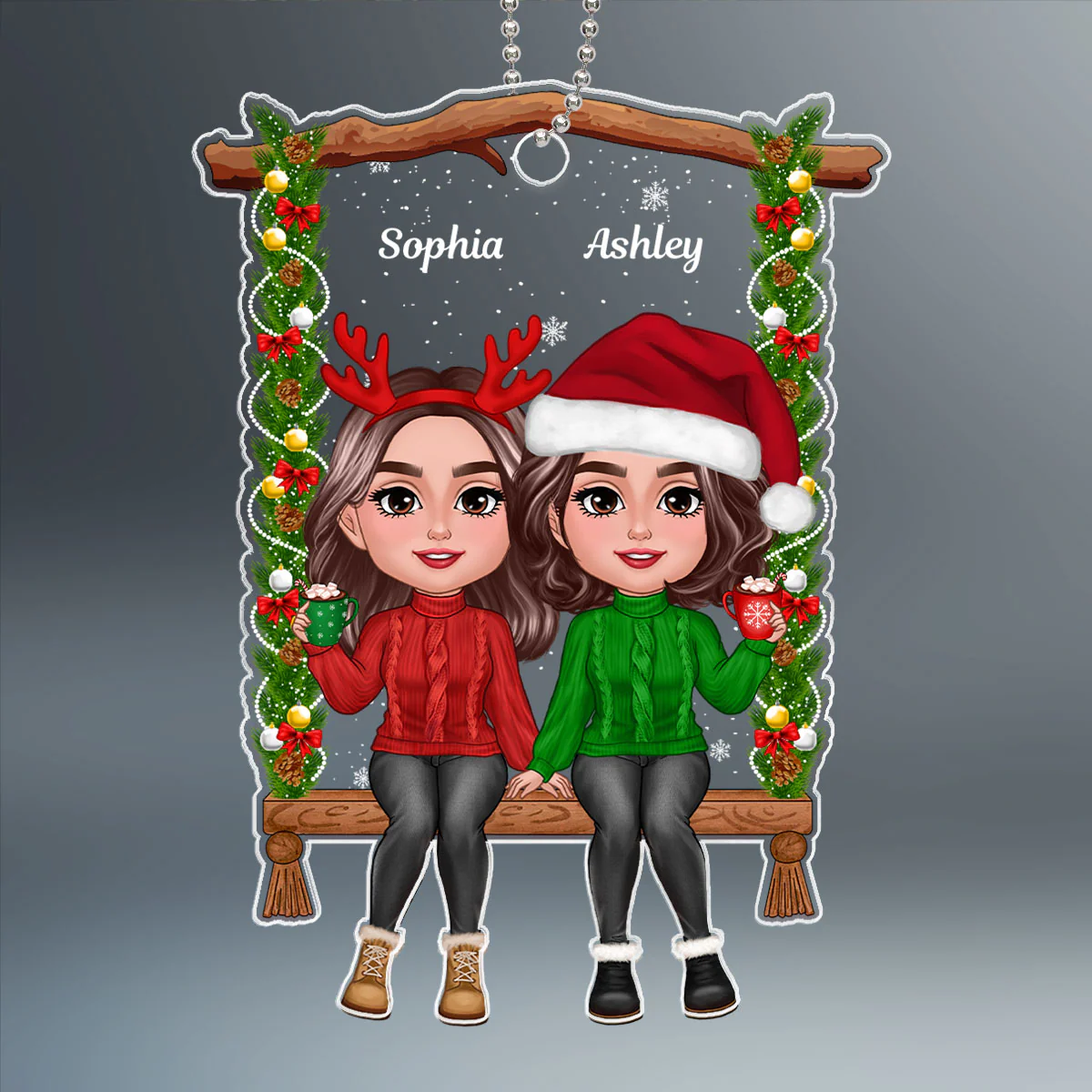 Besties Sisters Sitting On Christmas Swing Personalized Acrylic Ornament - Image 2