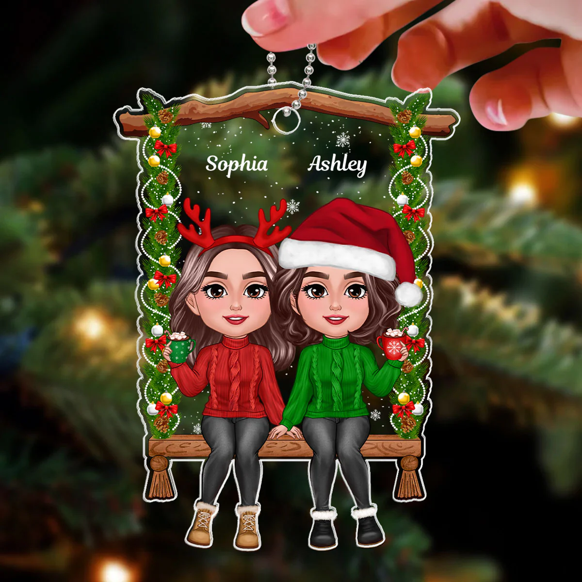 Besties Sisters Sitting On Christmas Swing Personalized Acrylic Ornament - Image 3