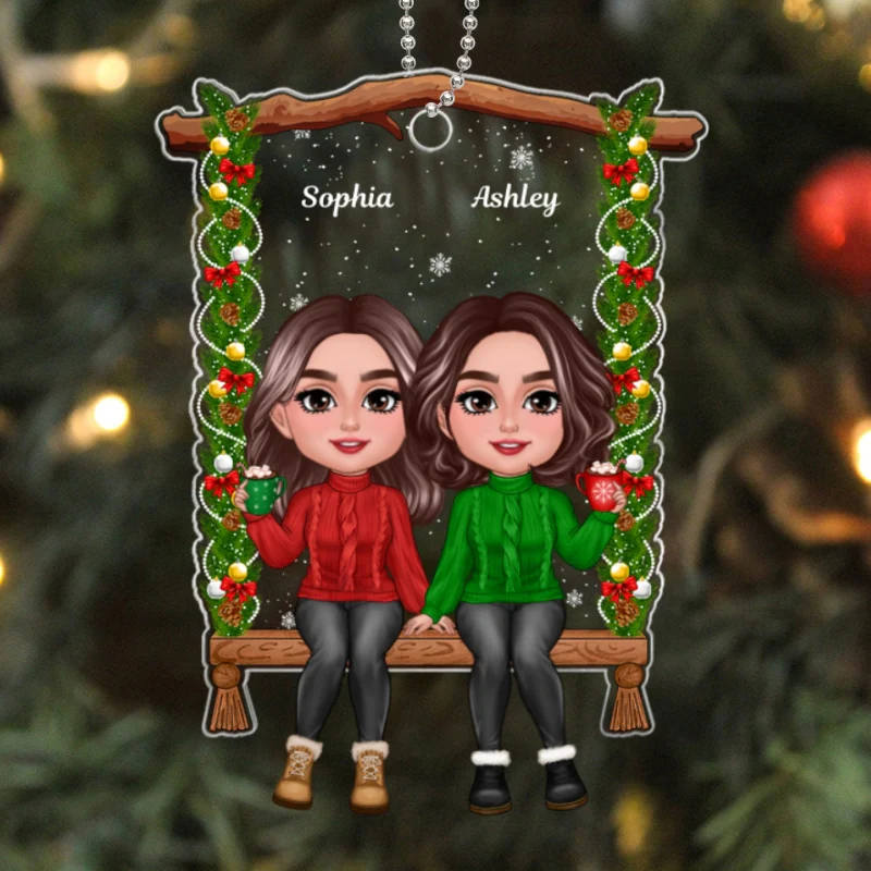 Besties Sisters Sitting On Christmas Swing Personalized Acrylic Ornament - Image 5