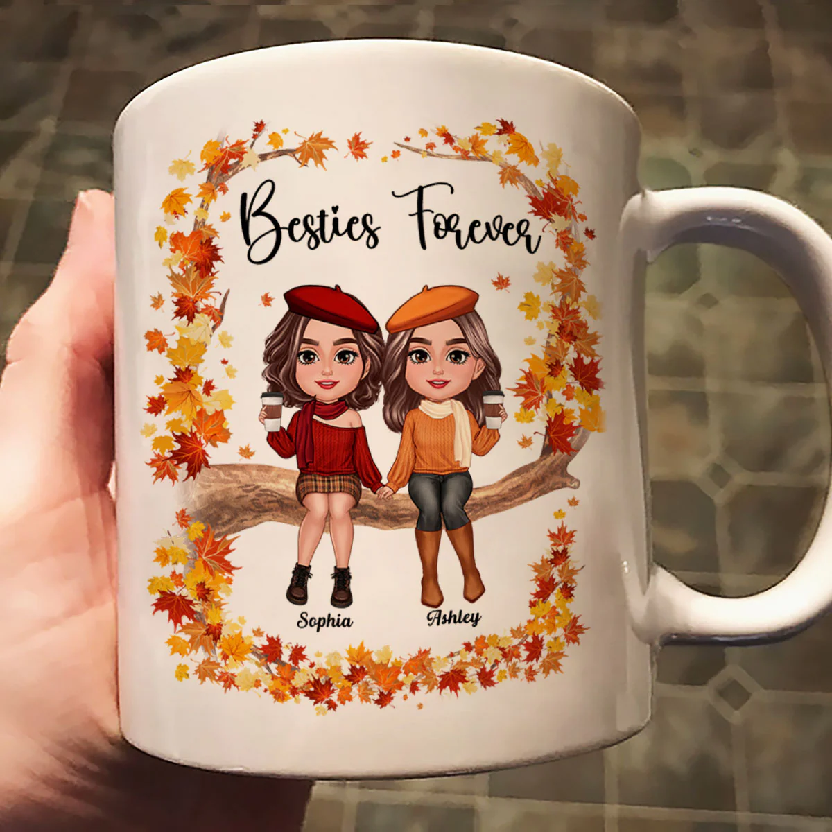 Besties Sisters Sitting On Fall Season Branch Personalized Mug - Image 2
