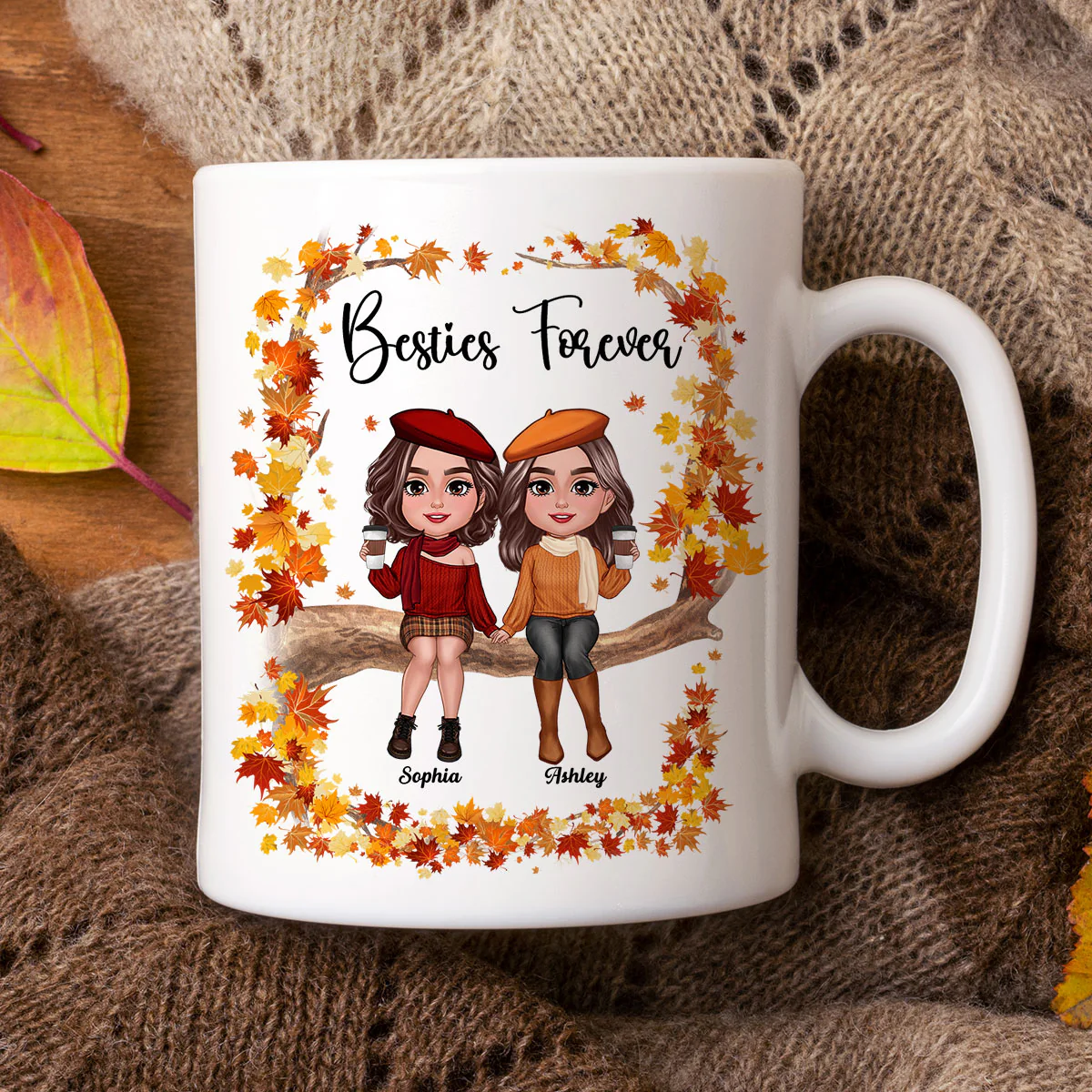 Besties Sisters Sitting On Fall Season Branch Personalized Mug - Image 3
