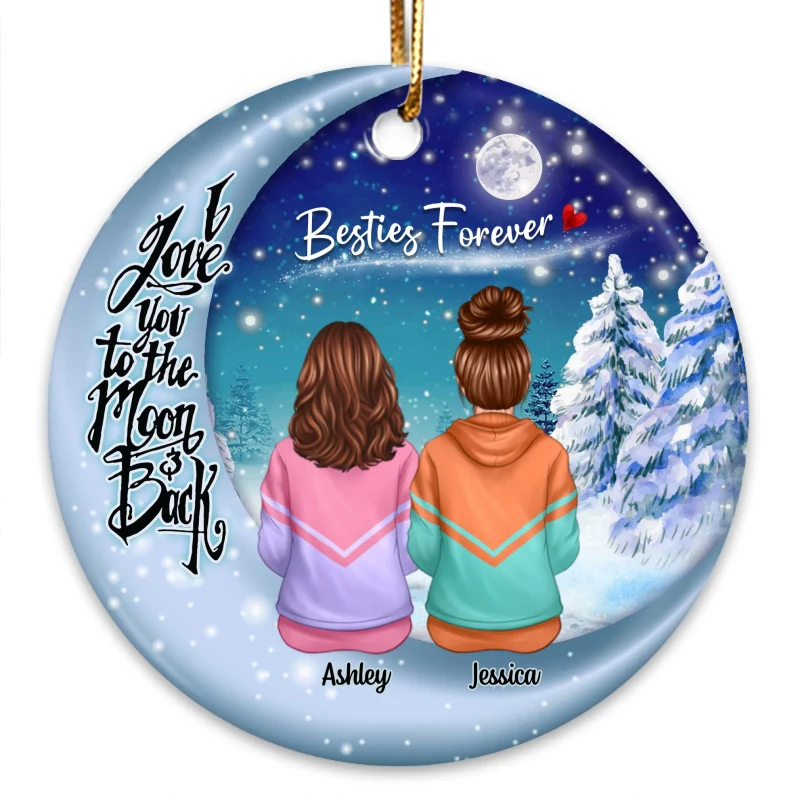Besties Sisters Sitting On Moon Winter Personalized Circle Ornament - Image 3