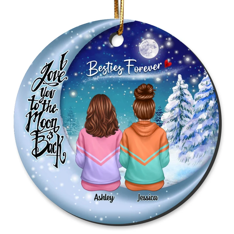 Besties Sisters Sitting On Moon Winter Personalized Circle Ornament - Image 4