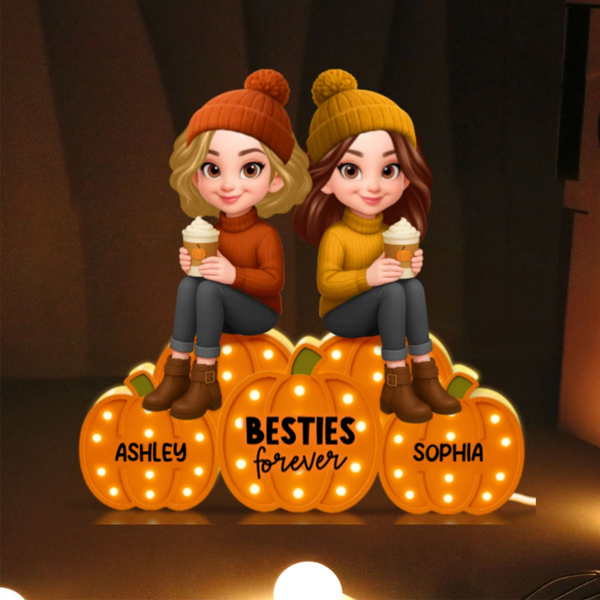 Besties Sisters Sitting On Pumpkins Marquee Pattern Effect Personalized LED Light Box, Cozy Fall Vibe Home Decoration - Image 10