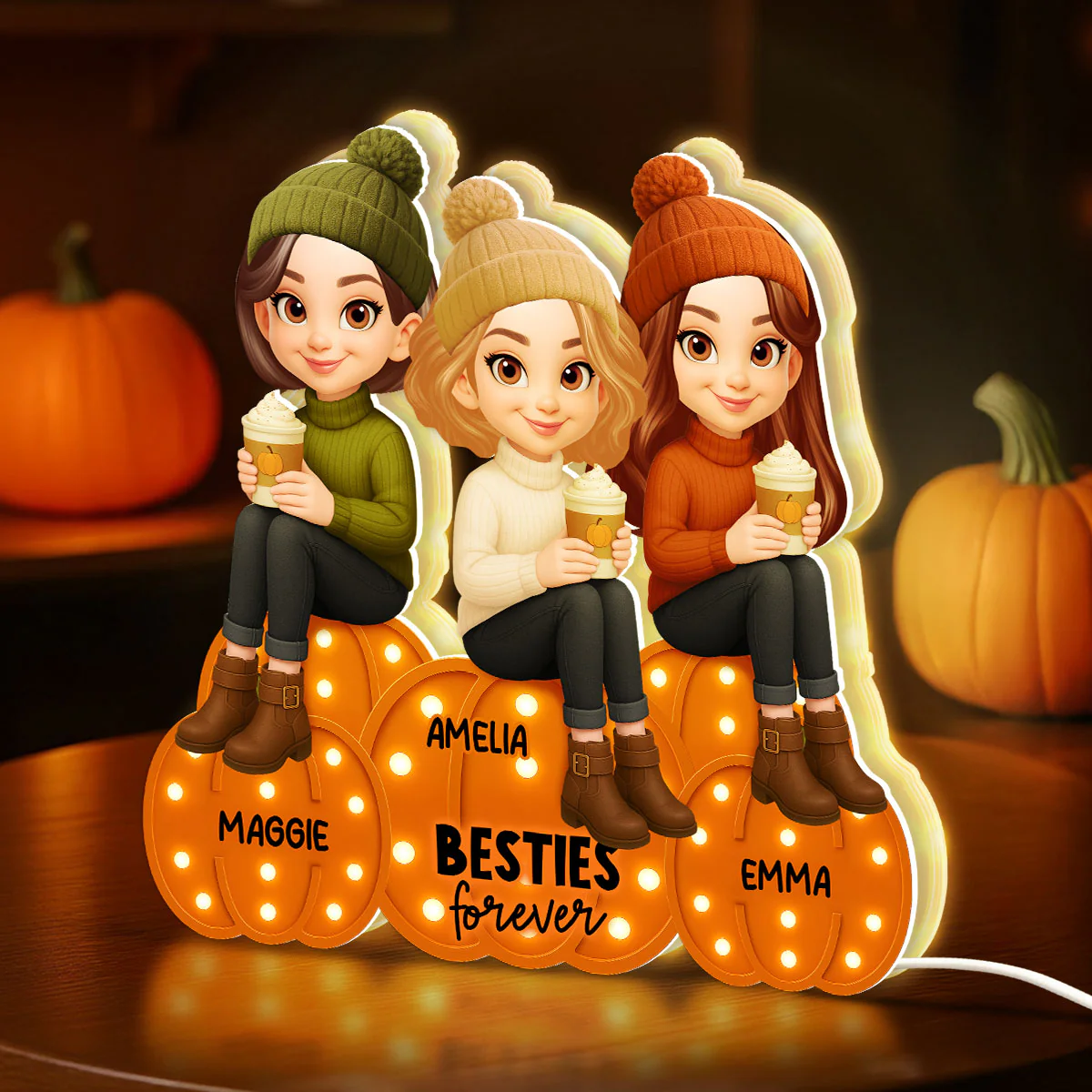 Besties Sisters Sitting On Pumpkins Marquee Pattern Effect Personalized LED Light Box, Cozy Fall Vibe Home Decoration - Image 4