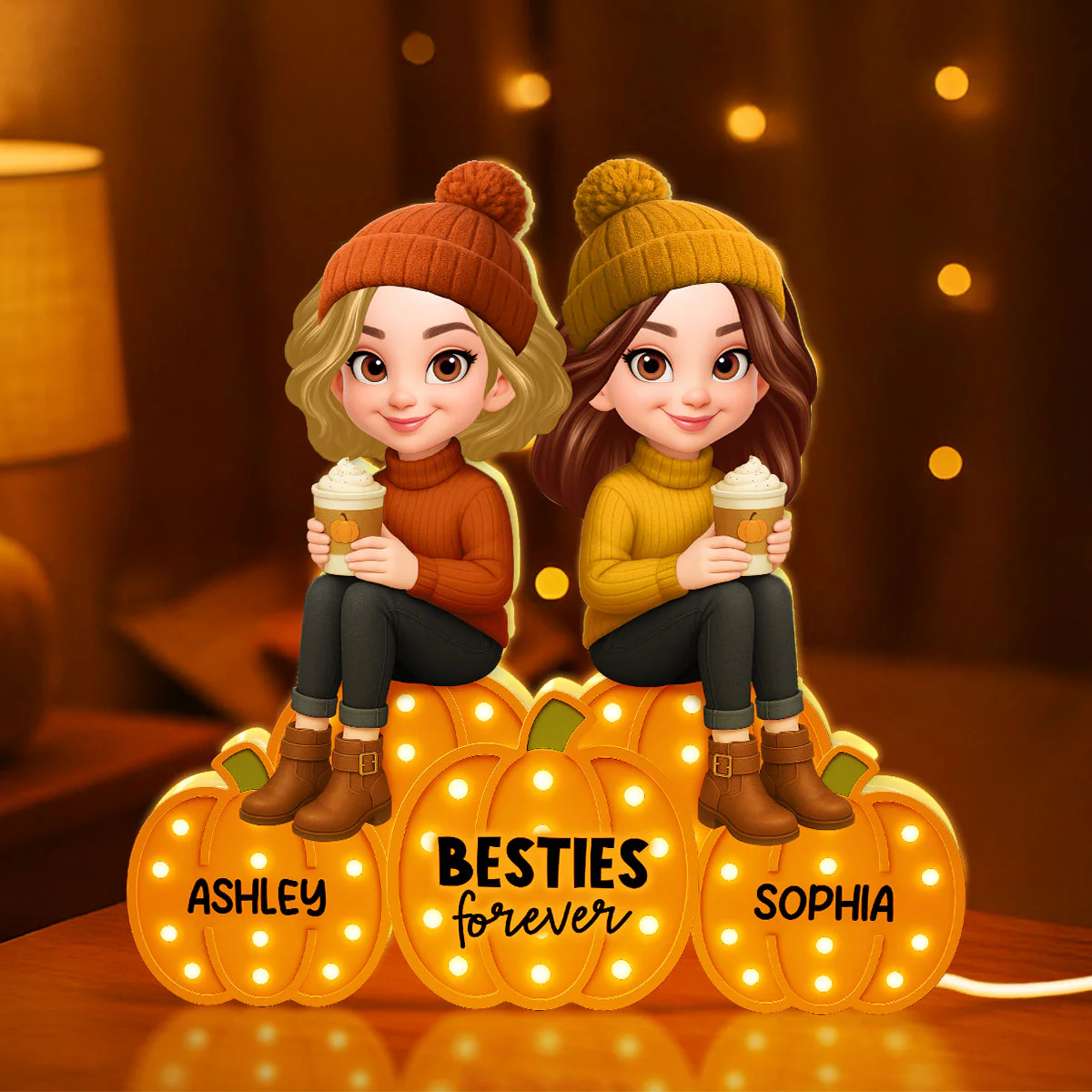 Besties Sisters Sitting On Pumpkins Marquee Pattern Effect Personalized LED Light Box, Cozy Fall Vibe Home Decoration - Image 5