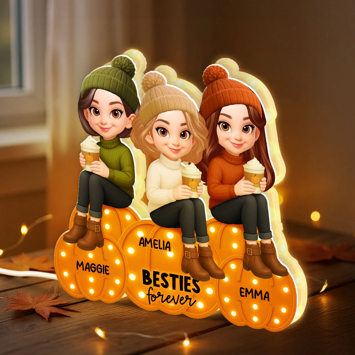 Besties Sisters Sitting On Pumpkins Marquee Pattern Effect Personalized LED Light Box, Cozy Fall Vibe Home Decoration - Image 6
