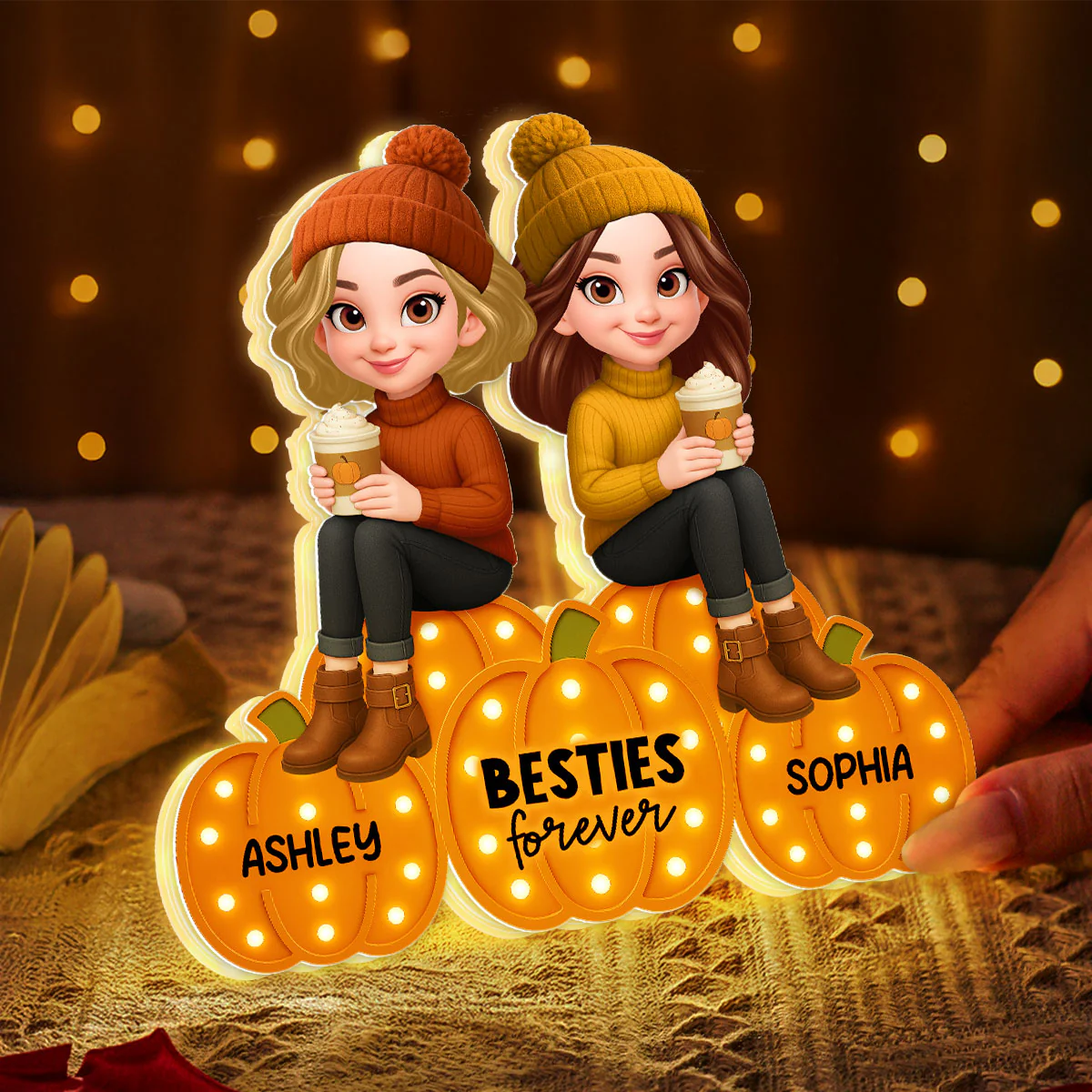 Besties Sisters Sitting On Pumpkins Marquee Pattern Effect Personalized LED Light Box, Cozy Fall Vibe Home Decoration - Image 7