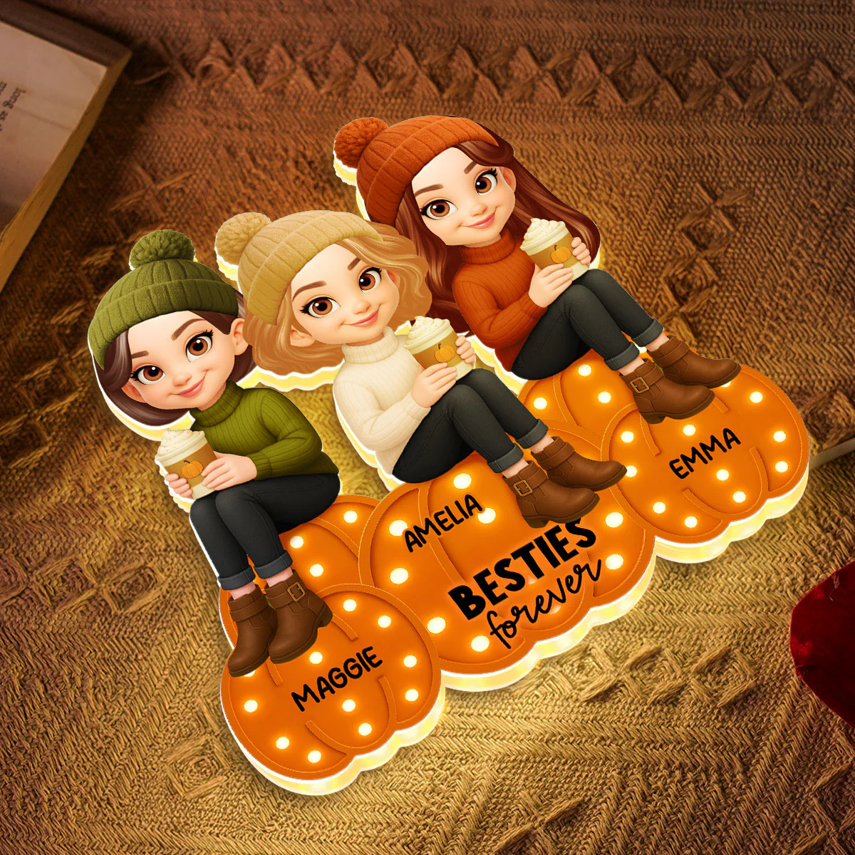 Besties Sisters Sitting On Pumpkins Marquee Pattern Effect Personalized LED Light Box, Cozy Fall Vibe Home Decoration - Image 8