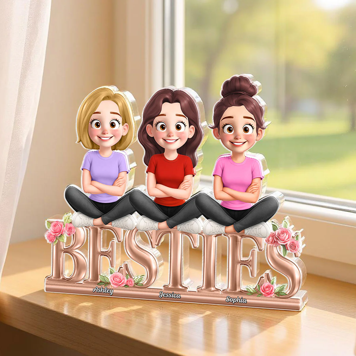 Besties Sisters Sitting On Text 3D Effect Personalized Acrylic Block Plaque - Image 2