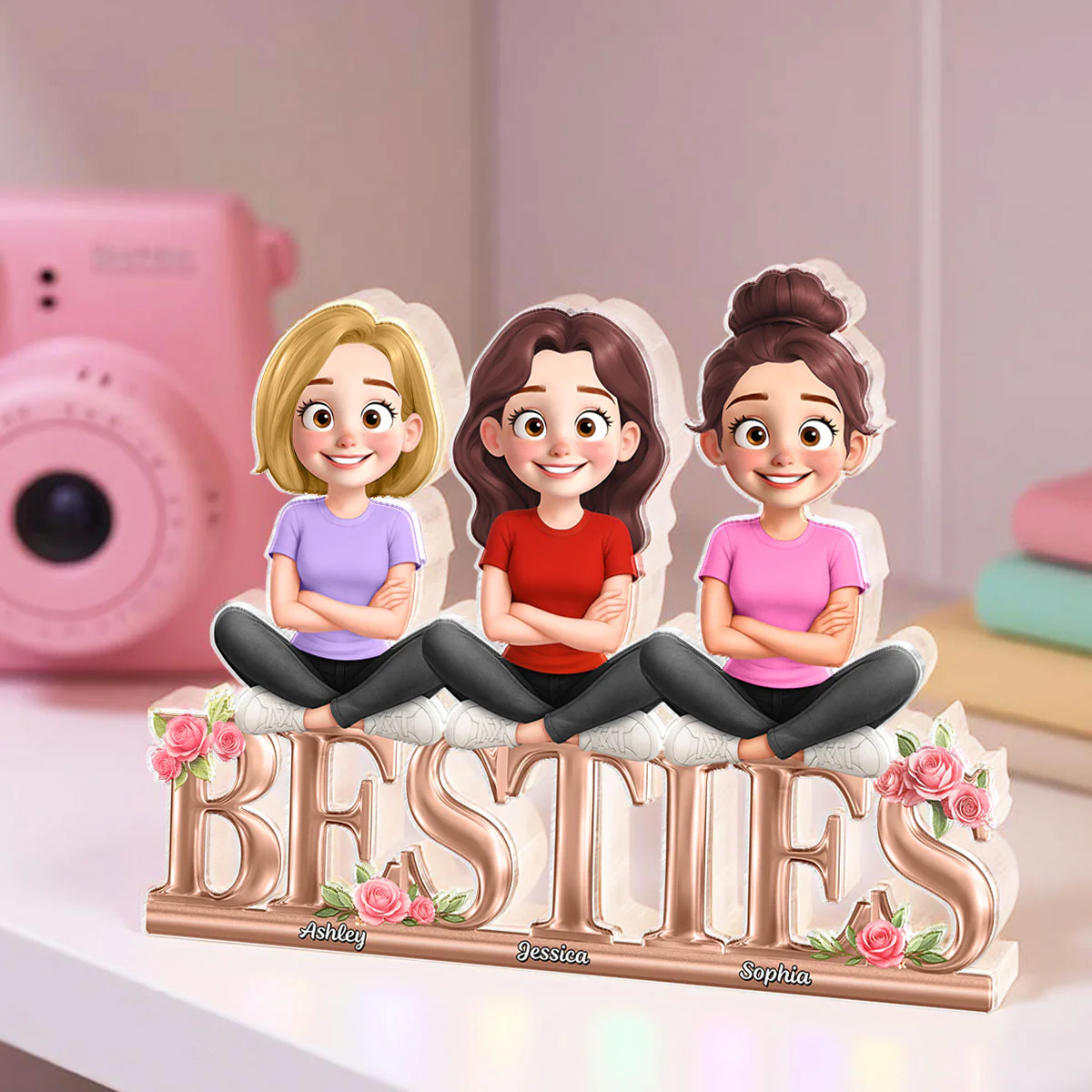 Besties Sisters Sitting On Text 3D Effect Personalized Acrylic Block Plaque - Image 3