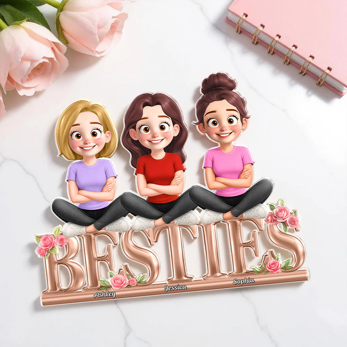 Besties Sisters Sitting On Text 3D Effect Personalized Acrylic Block Plaque - Image 4