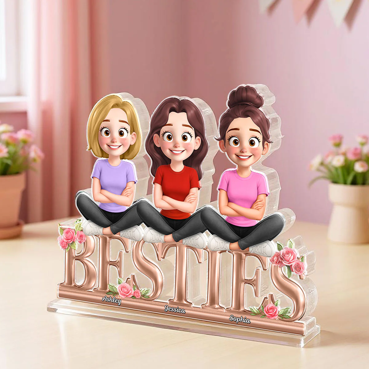 Besties Sisters Sitting On Text 3D Effect Personalized Acrylic Block Plaque - Image 5
