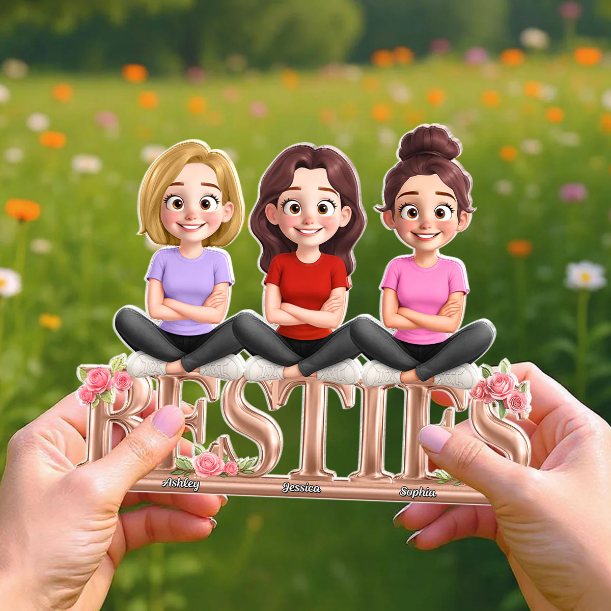 Besties Sisters Sitting On Text 3D Effect Personalized Acrylic Block Plaque - Image 6