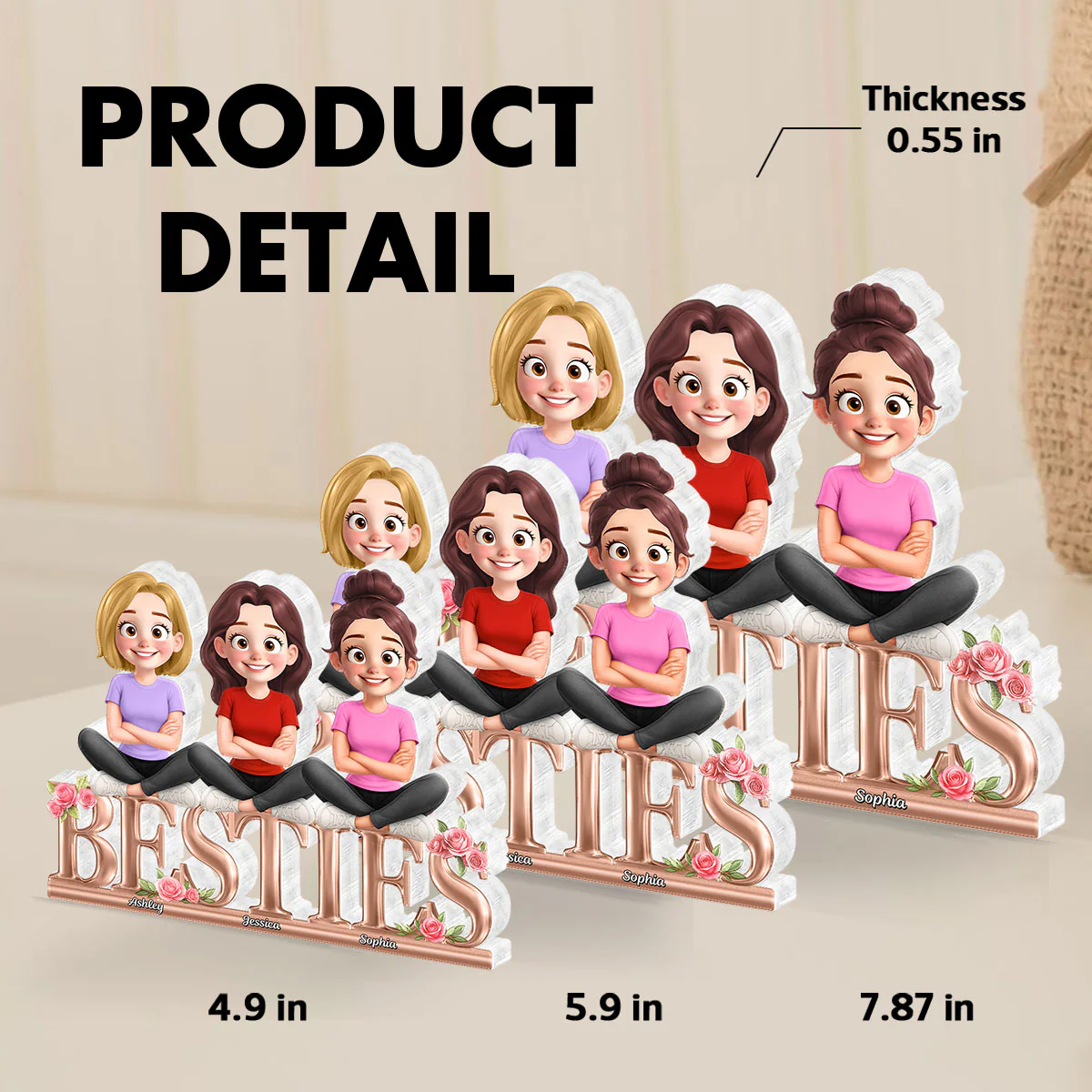 Besties Sisters Sitting On Text 3D Effect Personalized Acrylic Block Plaque - Image 7