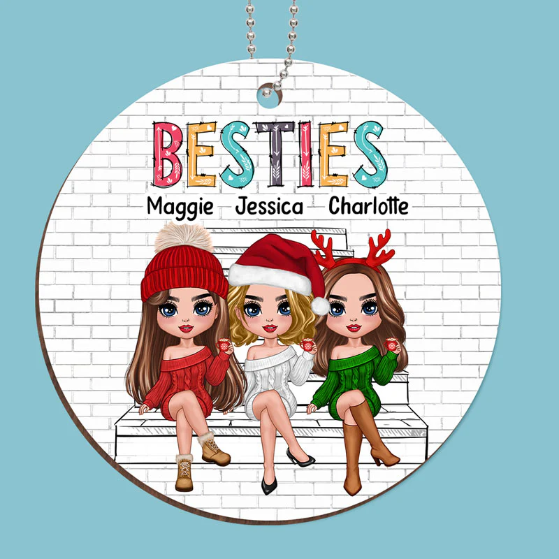 Besties Sisters Sitting Outline Background Personalized Wooden Ornament - Image 2