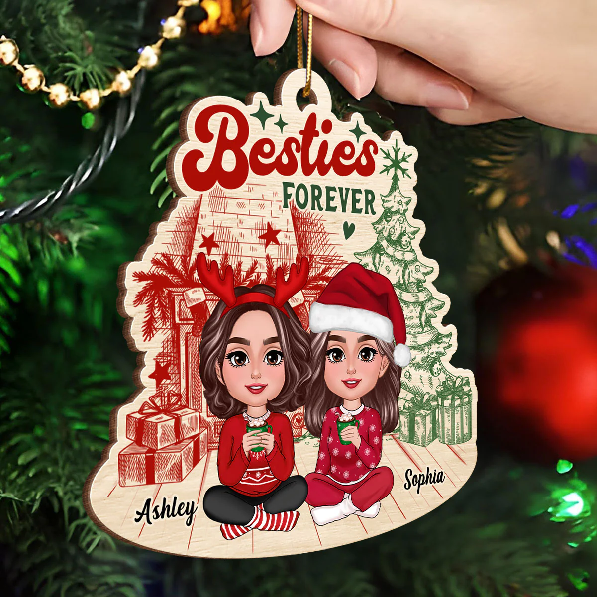 Besties Sisters Sitting Retro Fireplace Christmas Tree Personalized Wooden Ornament - Image 3