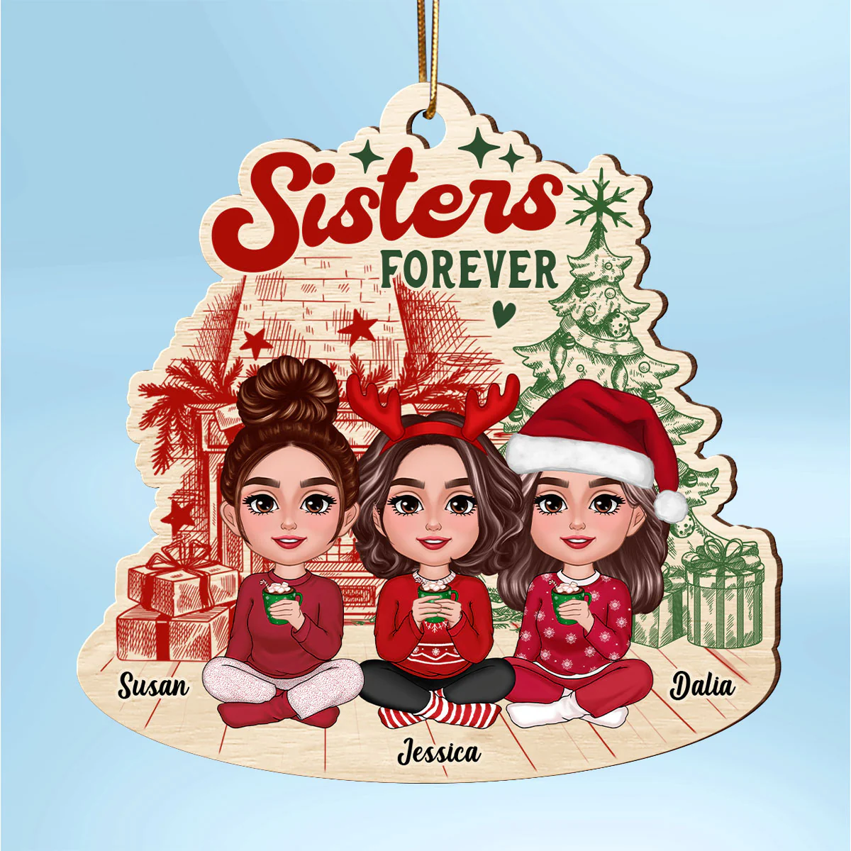 Besties Sisters Sitting Retro Fireplace Christmas Tree Personalized Wooden Ornament - Image 4