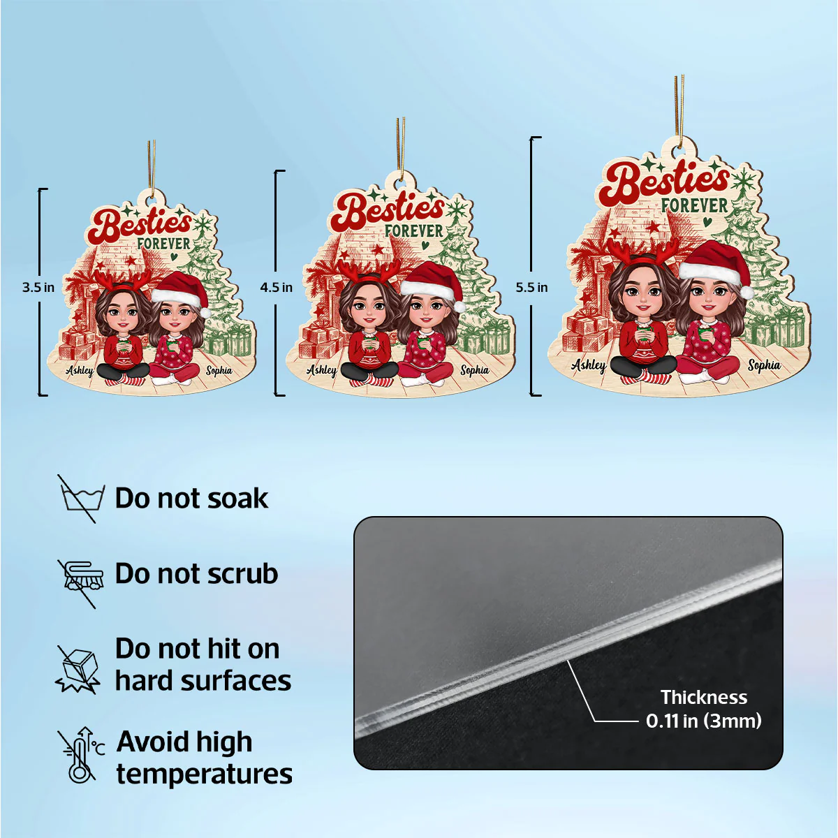 Besties Sisters Sitting Retro Fireplace Christmas Tree Personalized Wooden Ornament - Image 5