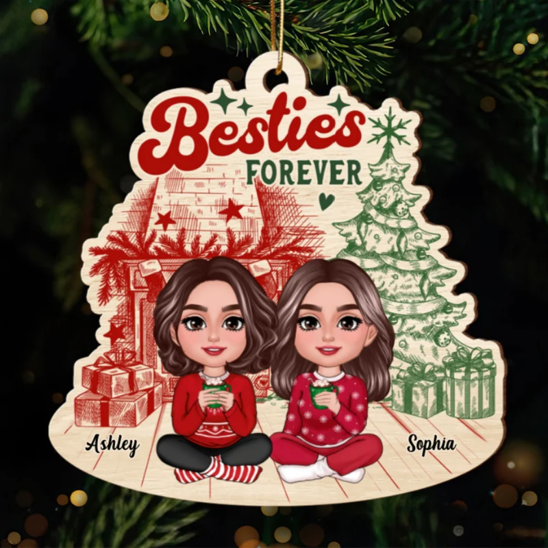 Besties Sisters Sitting Retro Fireplace Christmas Tree Personalized Wooden Ornament - Image 6