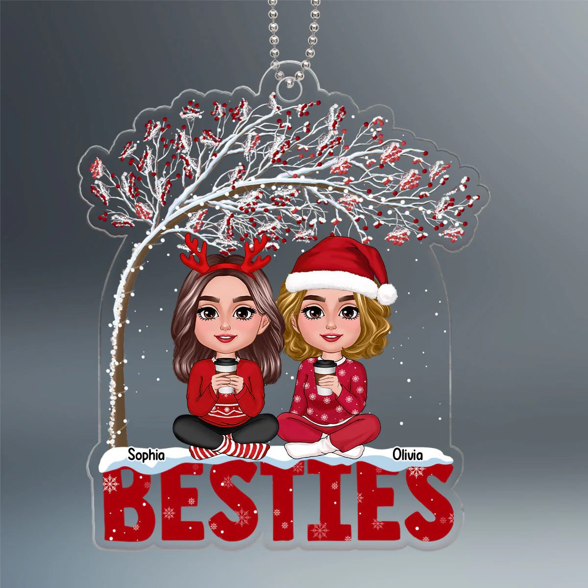 Besties Sisters Sitting Under Berry Tree Personalized Custom Shape Acrylic Ornament - Image 2